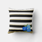 ブルーバラオンブラック、ホワイト、金ゴールドクッシストライプョン クッション (裏面)