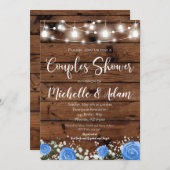 ブルーバラカップルシャワー素朴カントリー 招待状 (正面/裏面)