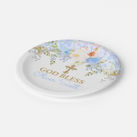 ブルーバラガーデンバプテスマパーソナライズされた紙プレート ペーパープレート (アングル)