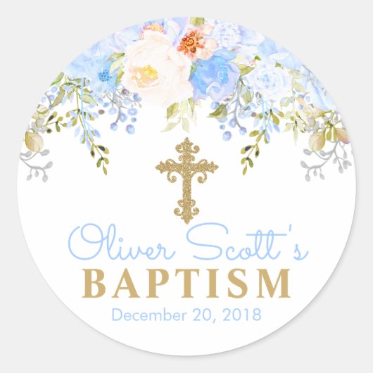 ブルーバラガーデンバプテスマメッセージカードステッカー ラウンドシール (正面)