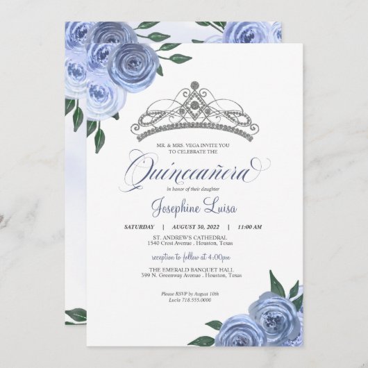 ブルーバラシルバーフローラキンセアニラ誕生日インビ 招待状 (正面/裏面)