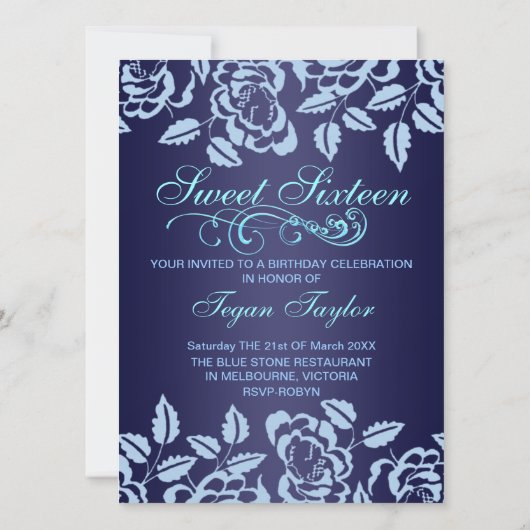 ブルーバラスウィート16誕生日招待状 招待状 (裏面)