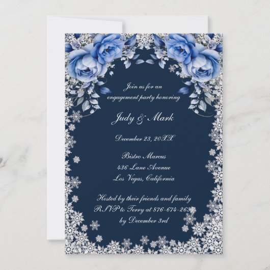 ブルーバラスノーフレーククリスマス婚約パーティ 招待状 (正面)