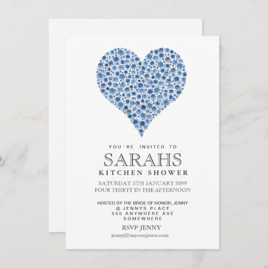 ブルーバラハートブライダルシャワーパーティー招待状 招待状 (正面/裏面)