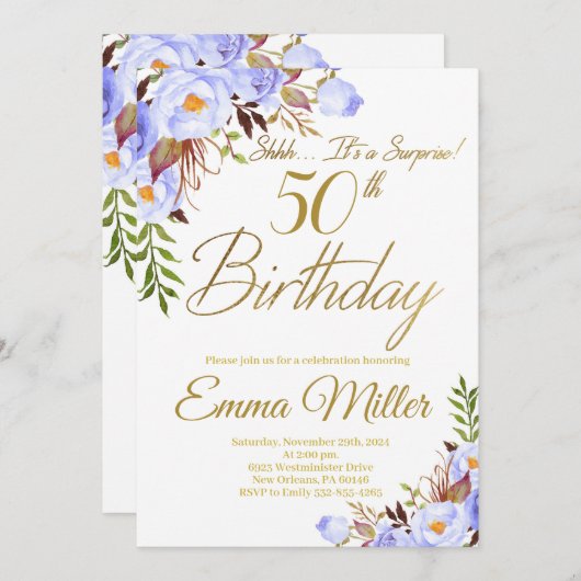 ブルーバラフローラサプライズ50thバースデーパーティー 招待状 (正面/裏面)