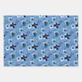 ブルーバラフローラデイジーパターン水彩画 ラッピングペーパーシート (正面3)