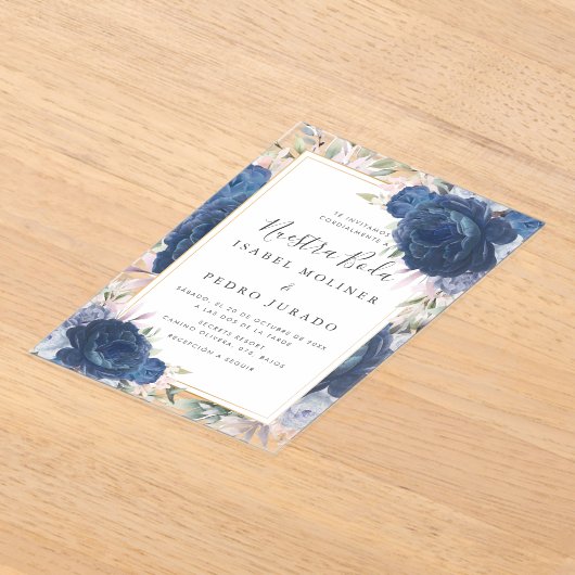 ブルーバラフローラヌエストラボダスペインの結婚ズ アクリル招待状 (レイダウン)