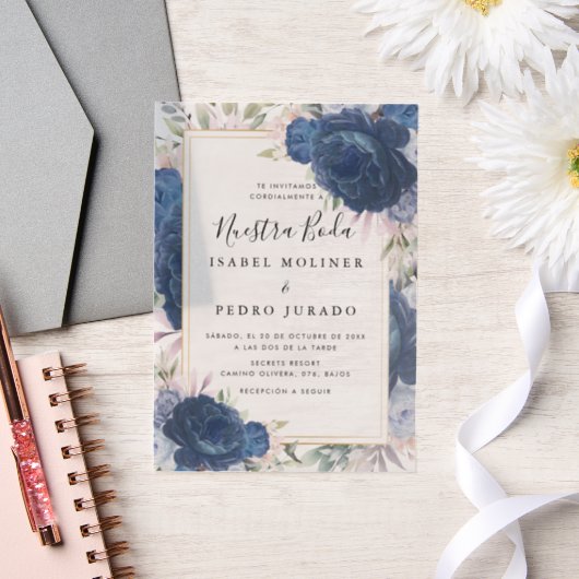 ブルーバラフローラヌエストラボダスペインの結婚ズ ベラム紙招待状 (ウェディング)