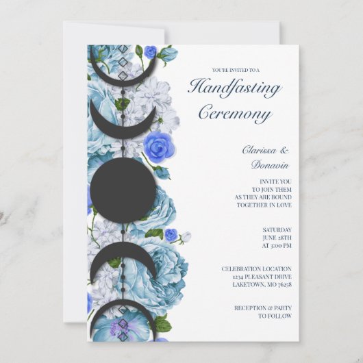 ブルーバラフローラムーンフェイズウィッカ信者ハンドスティング 招待状 (正面)