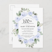 ブルーバラフローラユーカリ100誕生日 インビテーションポストカード (正面/裏面)