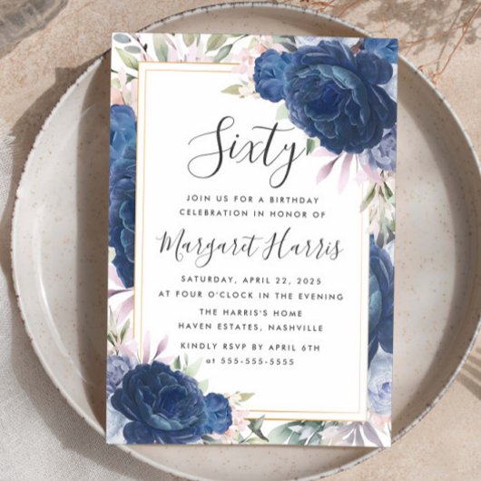 ブルーバラフローラ金ゴールドフレーム60th60誕生日 招待状