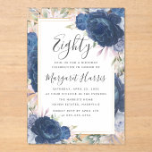 ブルーバラフローラ金ゴールドフレーム80th8誕生日 アクリル招待状 (正面)