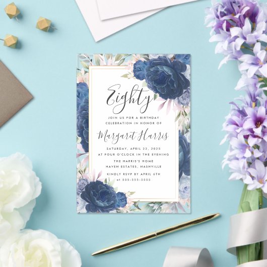 ブルーバラフローラ金ゴールドフレーム80th8誕生日 アクリル招待状 (インサイチュ (ウェディング))