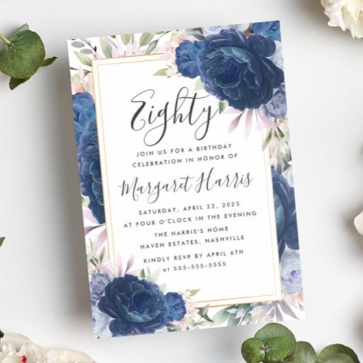 ブルーバラフローラ金ゴールドフレーム80th8誕生日 招待状