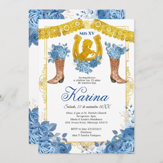ブルーバラメキシコチャラ15キンセアニェラ招待状 招待状 (正面/裏面)
