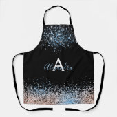 ブルーバラモダン金ゴールドグリッター名モノグラムブラック エプロン (正面)