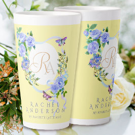 ブルーバラリボンシックモノグラムイエローラテマグ カフェラテマグ