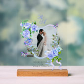 ブルーバラリボンモノグラム結婚フォト アクリルサイン (ニュートラル)