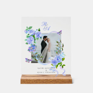 ブルーバラリボンモノグラム結婚フォト アクリルサイン