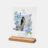 ブルーバラリボンモノグラム結婚フォト アクリルサイン (傾斜)
