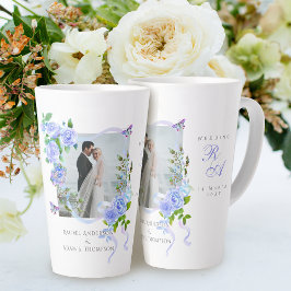 ブルーバラリボンモノグラム結婚フォト カフェラテマグ