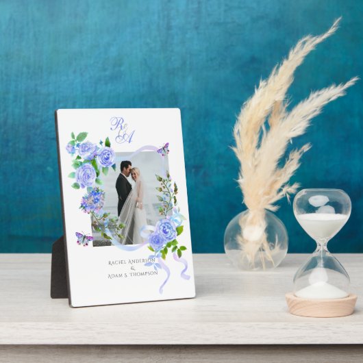 ブルーバラリボンモノグラム結婚フォト フォトプラーク (側面)