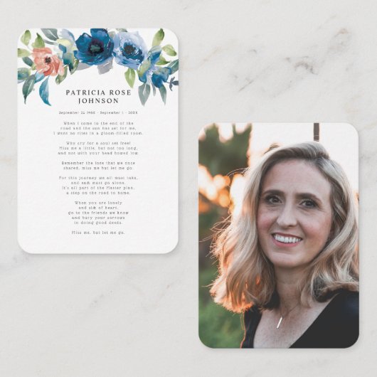 ブルーバラ写真悔やみや弔慰葬儀記念カード 名刺 (正面/裏面)