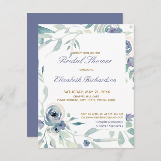 ブルーバラ水彩フローラバックブライダルシャワー 出欠カード (正面/裏面)