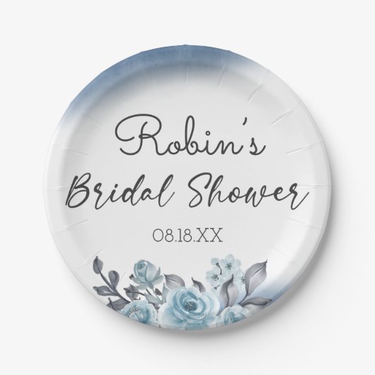 ブルーバラ水彩フローラブライダルブランチシャワー ペーパープレート (正面)