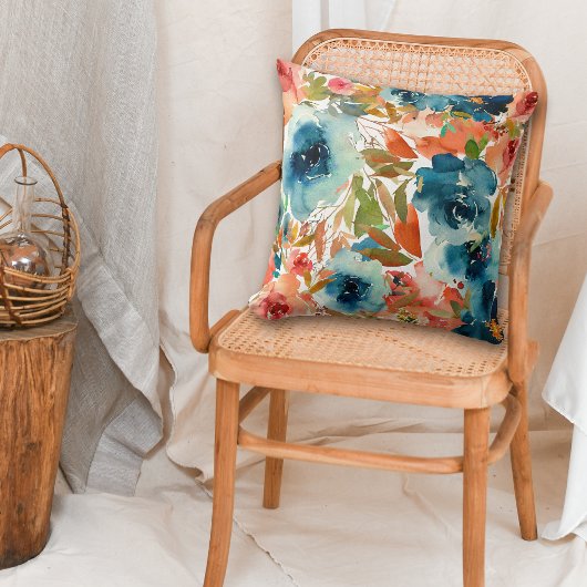 ブルーバラ秋フローラルパターン クッション