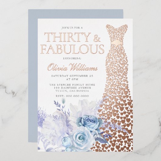 ブルーバラ30th誕生日バラ金ゴールド 箔招待状 (正面/裏面)