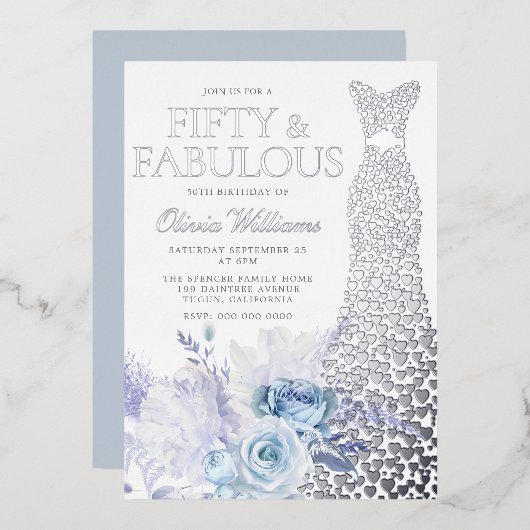 ブルーバラ50thバースデーパーティーシルバー 箔招待状 (正面/裏面)