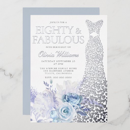 ブルーバラ80thバースデーパーティーシルバー 箔招待状 (正面/裏面)