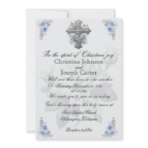 ブルーバラ&クロスクリスチャン結婚式招待状