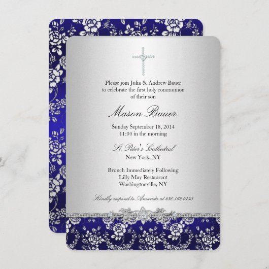 ブルーバラ&クロスバプテスマ/《キリスト教》洗礼式や命名式招待状 招待状 (正面/裏面)