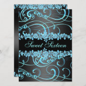 ブルーバラ&スワールスウィート16デザイン誕生日招待状 招待状 (正面/裏面)