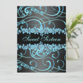 ブルーバラ&スワールスウィート16デザイン誕生日招待状 招待状 (スタンド正面)