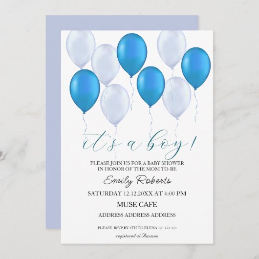 ブルーバルーンそれは男の子ベビーシャワー招待状 招待状 (正面/裏面)