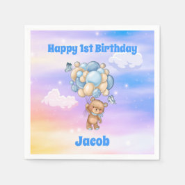 ブルーバルーンのテディベア 1歳の誕生日 スタンダードカクテルナプキン