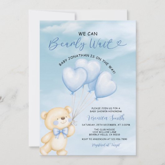 ブルーバルーンの男の子ベビーシャワーおめでとう We+can+bearly+wait 招待状 (正面)