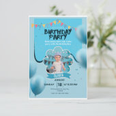 ブルーバルーンの誕生日パーティー招待状カード| 招待状 (スタンド正面)