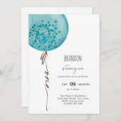 ブルーバルーンウォーターカラーバースデーパーティーの招待 招待状 (正面/裏面)