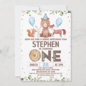 ブルーバルーンウッドランド動物1st誕生日 招待状 (正面)