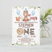 ブルーバルーンウッドランド動物1st誕生日 招待状 (スタンド正面)