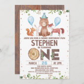 ブルーバルーンウッドランド動物1st誕生日 招待状 (正面/裏面)