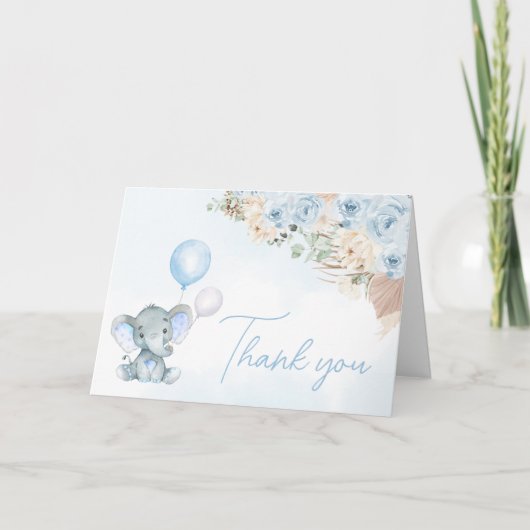 ブルーバルーンエレファントベビーシャワー サンキューカード (正面)