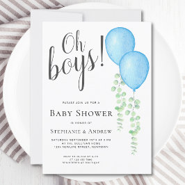 ブルーバルーンオーボーイズカップルの双子ベビーシャワー 招待状