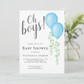 ブルーバルーンオーボーイズカップルの双子ベビーシャワー 招待状 (スタンド正面)