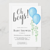 ブルーバルーンオーボーイズカップルの双子ベビーシャワー 招待状 (正面/裏面)