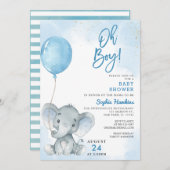 ブルーバルーンオーボーイゾウ赤ちゃんシャワー 招待状 (正面/裏面)